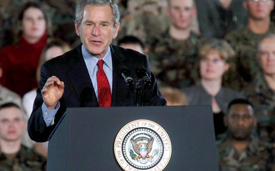 President Bush makes a point during his speech at Wiesbaden.