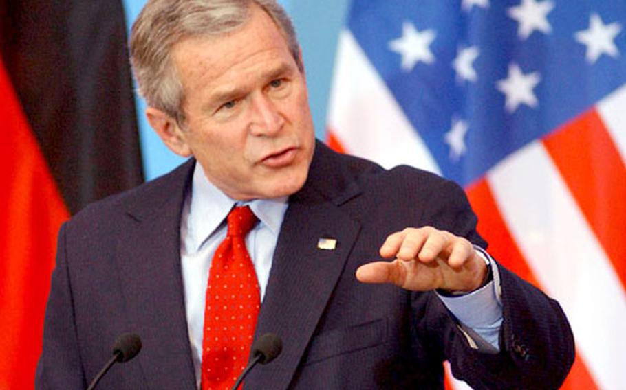 President Bush makes a point as he and and German Chancellor Gerhard Schroeder&#39;s meet with the media in Mainz, Germany.