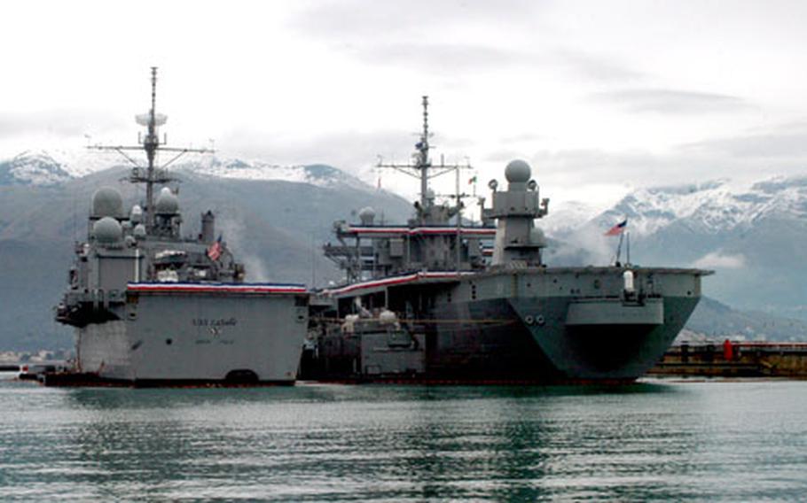 USS La Salle, left, and the USS Mount Whitney in Gaeta, Italy.