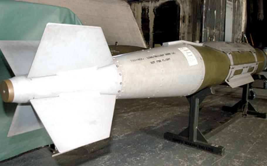 To smarten a “dumb bomb,” the military attaches a tail, like the one above on a GBU-31, which contains a computer that reads global positioning satellite coordinates to find its target. The kit costs about $18,000.