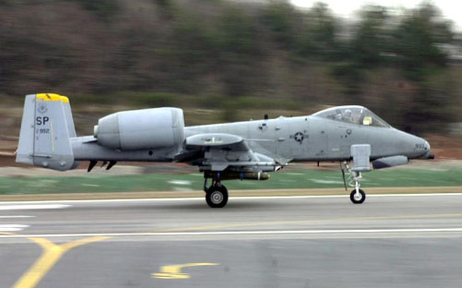 An Air Force A-10 Thunderbolt II fighter takes off from Spangdahlem Air Base in Germany on Thursday. The 52nd Fighter Wing&#39;s 22nd and 81st fighter squadrons flew more than 250 missions in four days as part of a "surge" exercise.