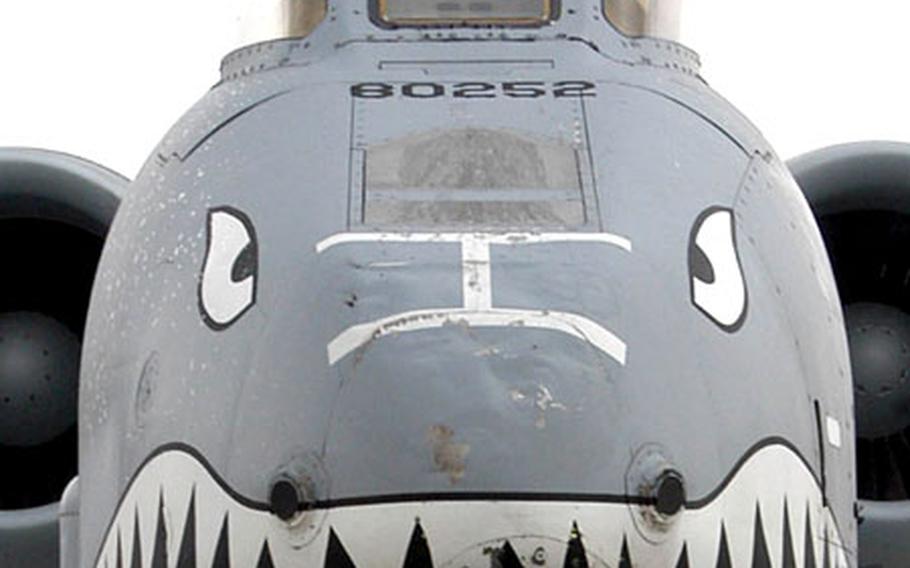 Looking into the jaws of an A-10 "Warthog" of the 23rd Fighter Group, with its "Flying Tigers" paint job.