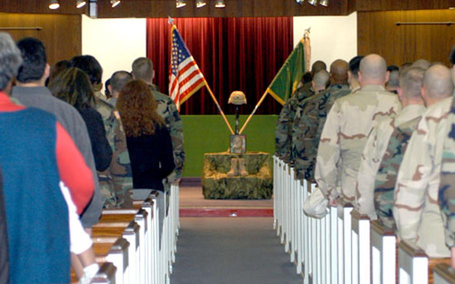 More than a hundred friends remembered Staff Sgt. Shane M. Koele, of the 212th Military Police Company, during a memorial service Wednesday on Harvey Barracks in Kitzingen, Germany. Koele was killed in Shindand, Afghanistan, when his vehicle hit an anti-tank mine.