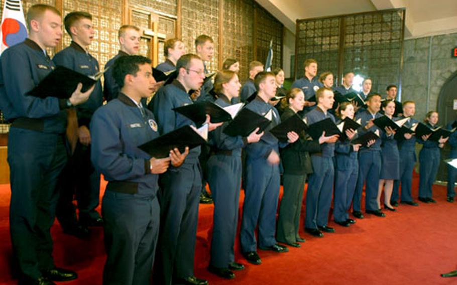 The U.S. Air Force Cadet Choir performs at the Camp Red Cloud chapel on Thursday.
