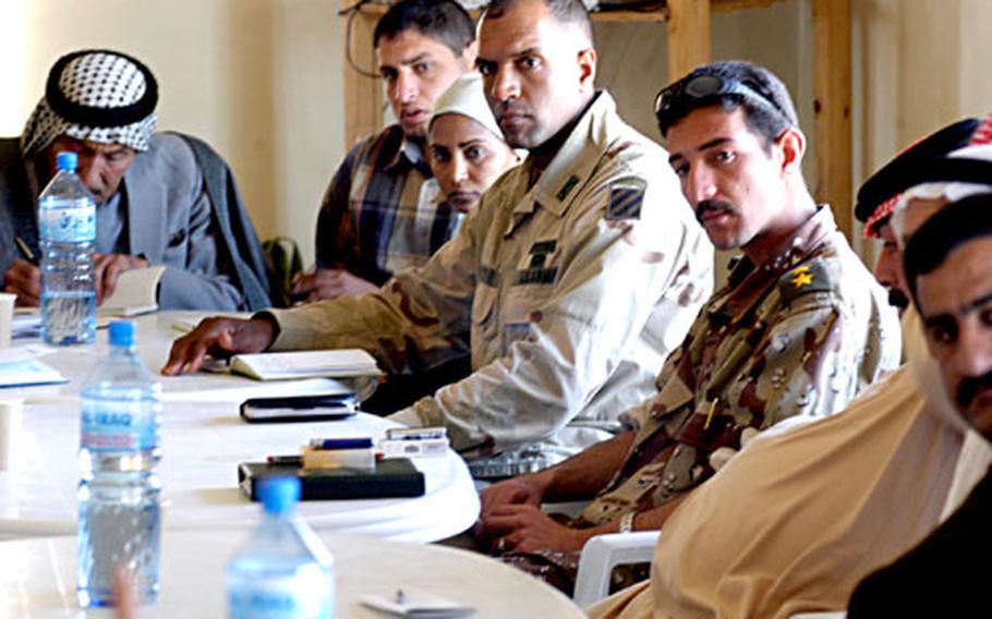 Lt. Col. Gary Brito, commander of 1st Battalion, 15th Infantry Regiment, meets with the city council in Ad-Daluiyah, Iraq.
