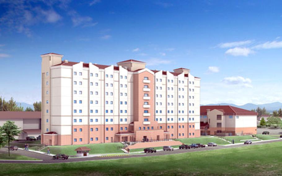 An artist&#39;s rendition of the eight-story barracks, center, and adjacent headquarters building, right, at the Army&#39;s Camp Humphreys in central South Korea.