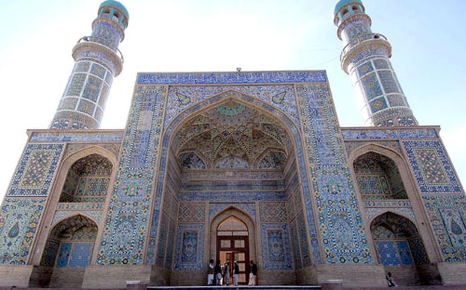 The Great Mosque of Herat, founded in 1200, is often called the Blue Mosque, because of its blue tiles. Herat, in western Afghanistan, is a cultural center of the country.