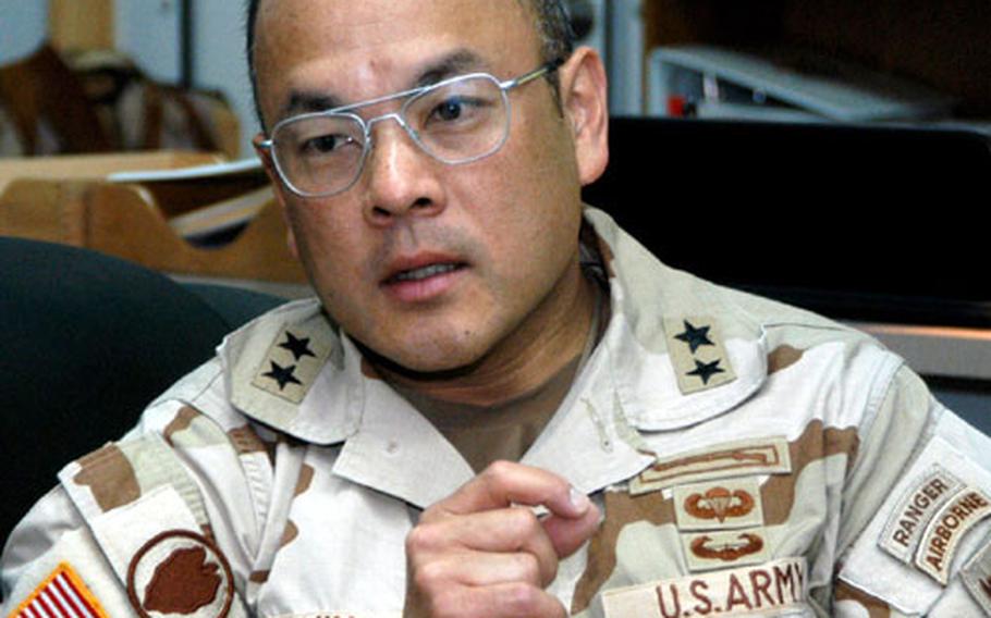 Maj. Gen. Jason Kamiya, commander of Combined Joint Task Force-76 and the Southern European Task Force, during an interview with Stars and Stripes at Bagram Air Base, Afghanistan, on Monday.