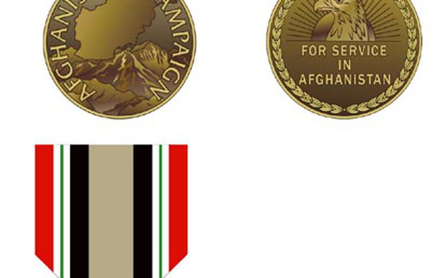 The Afghanistan (top) and Iraq Campaign Medals. ( to view larger version of photo)
