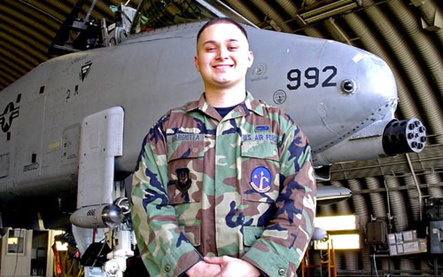 Senior Airman Michael Margiotta, a weapons loader with the 52nd Aircraft Maintenance Squadron, 81st Aircraft Maintenance Unit.