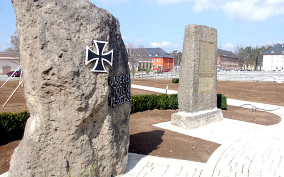Two German monuments to America’s fallen that were at other locations on Warner Barracks in Bamberg, Germany, have been moved to the site of the new Monument Park, which is set to be complete before an April 28 1st Infantry Division welcome home celebration.