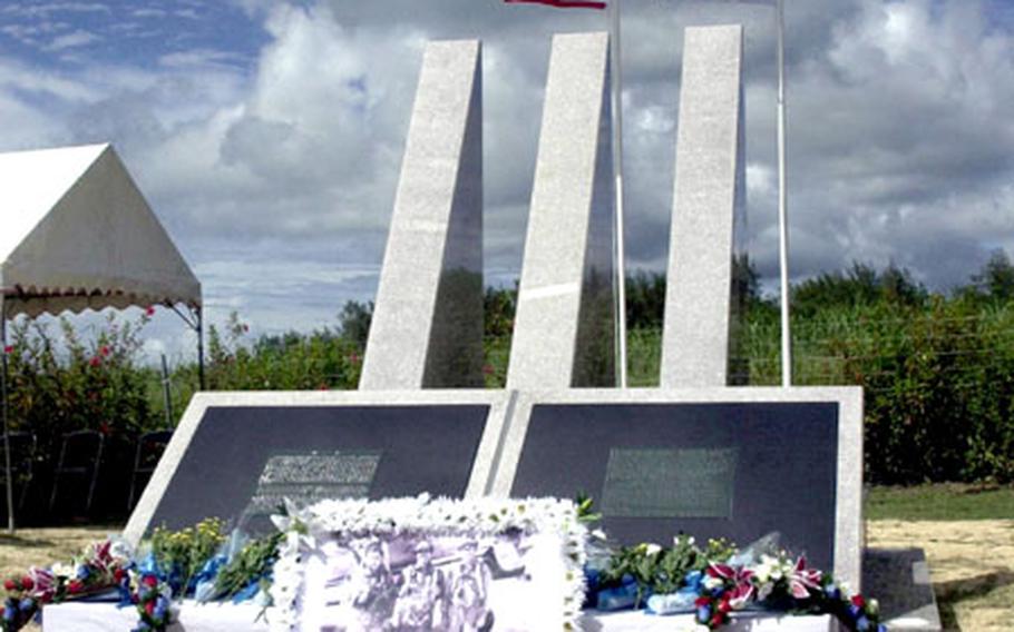 The monument on Ishigaki island for three American fliers executed by the Japanese during World War II is shown shortly after its dedication in August 2001.