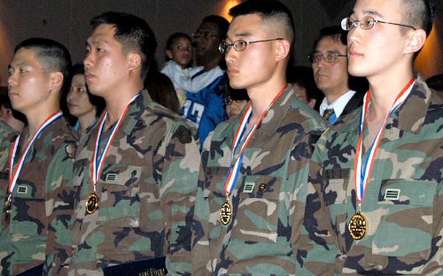 South Korean soldiers stand after receiving Gen. Paik Sun-yup Leadership Awards at a ceremony Friday at Yongsan Garrison.