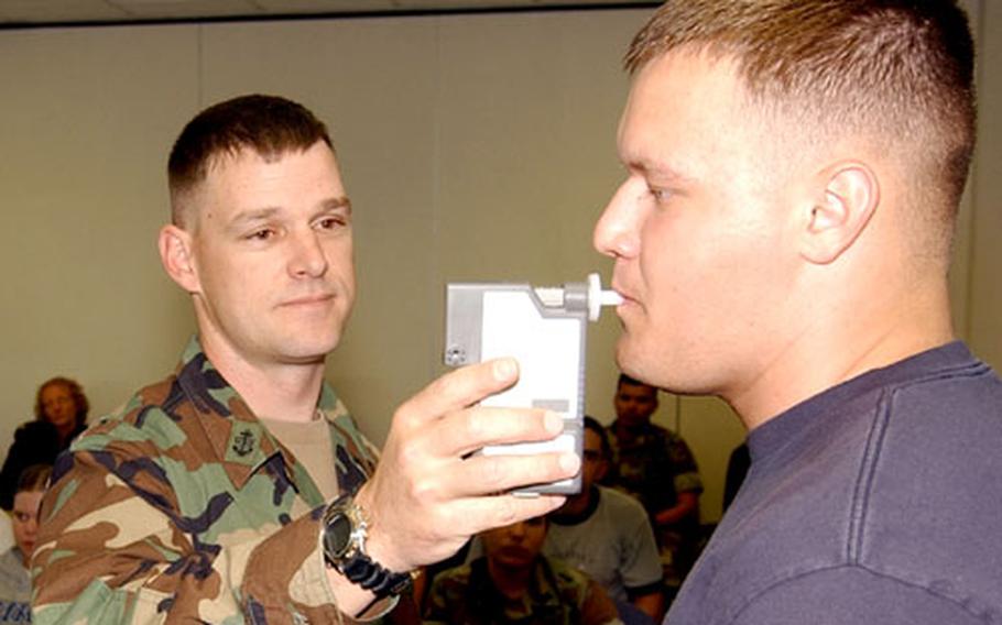 Chief Petty Officer David Zingraf administers a breathalyzer test to Seaman Apprentice Kyle Halverson during a recent Souda Team 21 class at Naval Support Activity Souda Bay, Crete. Souda Team 21 is program designed and taught by the base’s chief petty officers to help educate newly reporting sailors under 21 on how to drink responsibly.