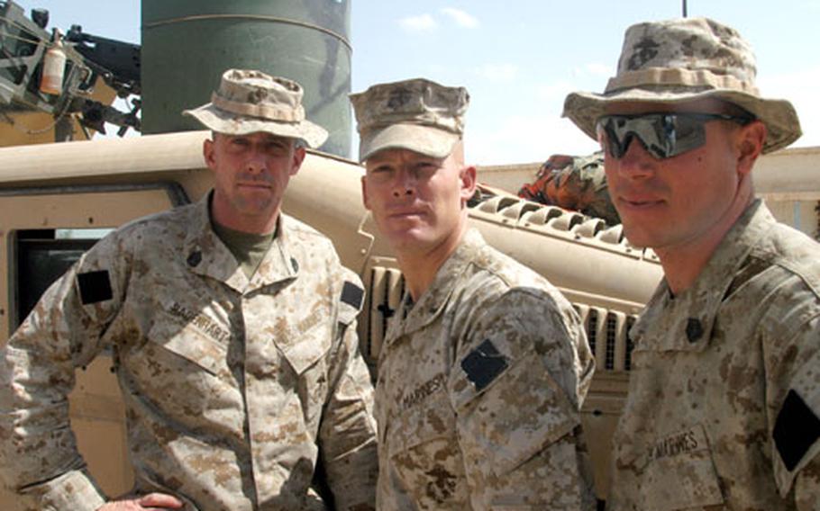 Gunnery Sgt. Jeff Dagenhart, left, 1st Lt. John Hunt, center, and Gunnery Sgt. Robert Bailey, right, all with Weapons Company, 3rd Battalion, 8th Marines, daily alert their Marines about the dangers of the war in Iraq and how much different the threat condition is compared with the battalion’s deployment last year to Haiti.