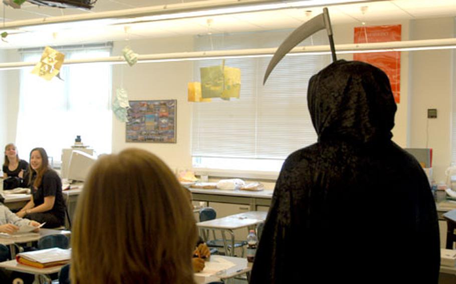 The Grim Reaper visits a classroom as part of Thursday&#39;s alcohol awareness event.