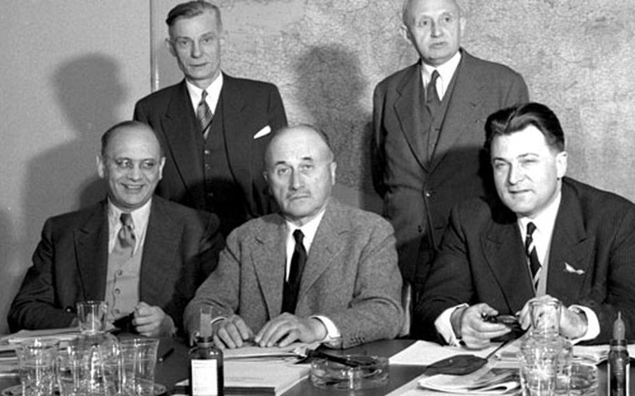 Jean Monnet, front center, and some of his colleagues, at the High Authority of the European Coal and Steel Community&#39;s headquarters in Luxembourg in April, 1953.