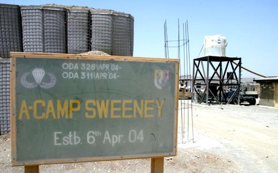 A dusty sign signifying Forward Operating Base Sweeney&#39;s origins as a special operations "A" base remains at the entrance to the helicopter landing area.