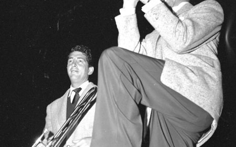 Dean Martin and Jerry Lewis at Orleans, France, in 1953.