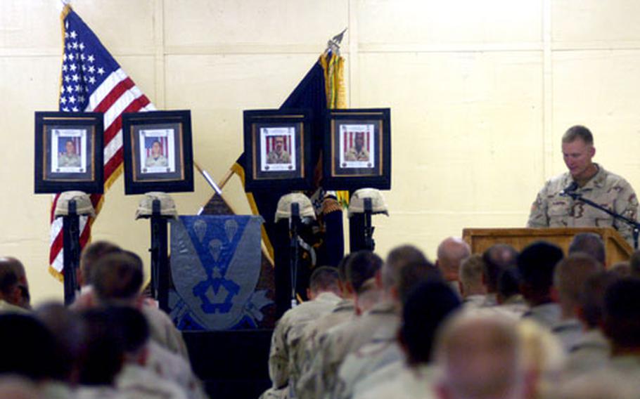 Capt. Mike Kloepper, commander of Company B, 2nd Battalion (Airborne), 503rd Infantry Regiment, talks about the four company soldiers who were killed last week near Deh Chopan, Afghanistan. Hundreds of servicemembers honored the four during a memorial service Friday at Forward Operating Base Lagman, Afghanistan.