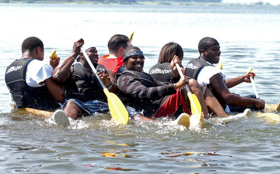 Command Task Force 72’s “USS Data Dump” was true to its name: The team’s tiny plywood boat sunk almost immediately in Lake Ogawara at the Navy’s annual boat regatta Thursday at Misawa Air Base, Japan.