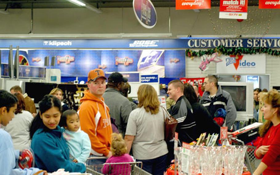 The Power Zone area of the base exchange at Aviano Air Base, Italy, was a popular place Friday morning, with hundreds of shoppers entering the area before it normally would have been open to the public to look for bargains. Business was brisk at AAFES stores around Europe, an AAFES spokeswoman said.