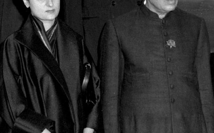 Indian Prime Minister Jawaharlal Nehru and his daughter, Indira Gandhi, arrive in Tokyo in October, 1957.