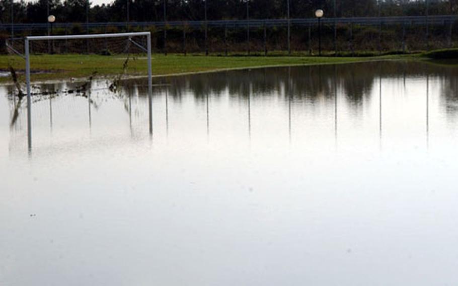 The soccer field at at the Marinai Housing Area at NAS Sigonella lies under several feet of water after three days of torrential rain.