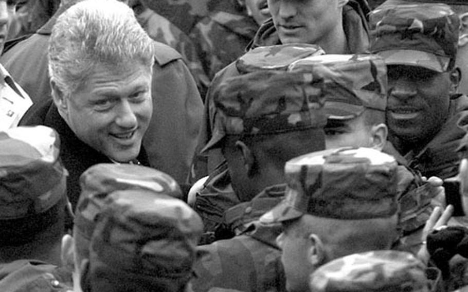 President Bill Clinton shakes hands with 1st Armored Division soldiers following his speech in Baumholder, Germany, Dec. 2, 1995. Less than a month later, the 1st AD was crossing the Sava as part of IFOR.