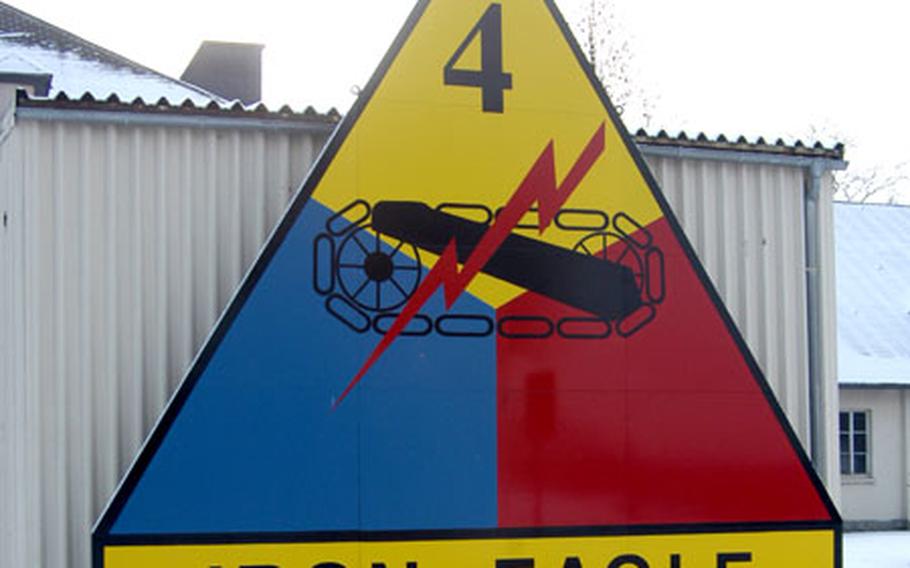 A giant 4th Brigade sign opposite brigade headquarters on Fliegerhorst Casern in Hanau, Germany. The 1st AD brigade will reflag with the 1st Infantry Division and be part of their combat aviation brigade, when the division returns to Fort Riley, Kansas.