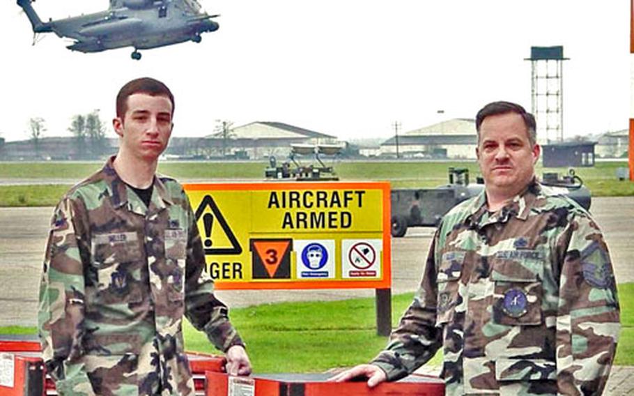 Senior Master Sgt. John Miller, right, and his son, Airman Michael Miller, are both stationed at RAF Mildenhall.