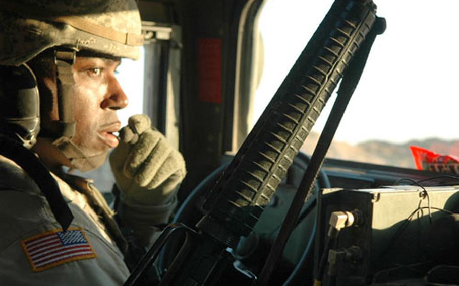 Sgt. Lehmann Skinner, 38, prepares to roll out on a convoy support mission in western Iraq. Skinner is a member of the 46th Engineer Battalion’s convoy escort, or Tactical Movement Team.