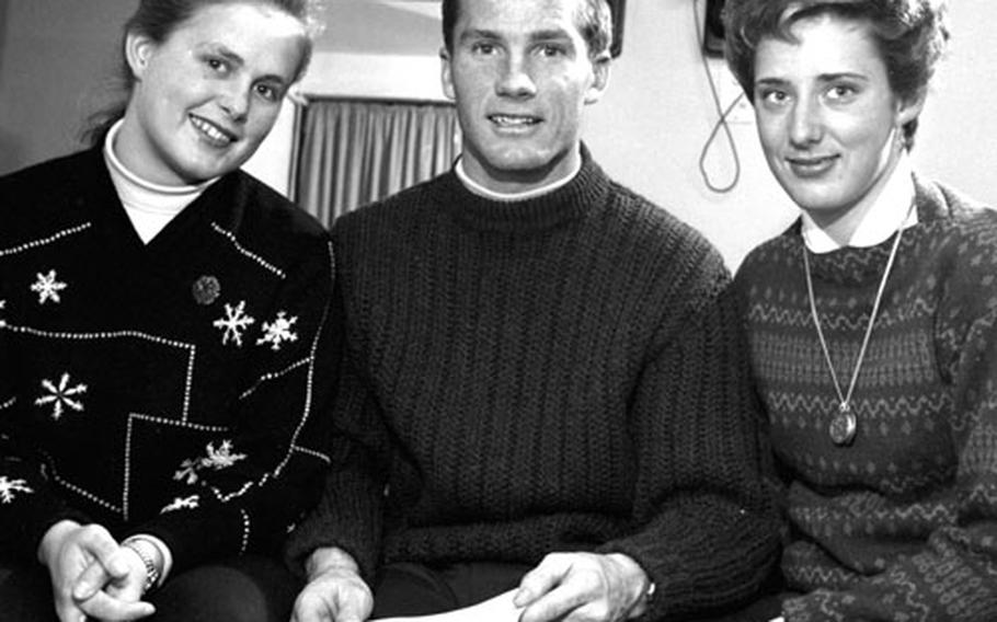 Top American skiers (left to right) Penny Pitou, Buddy Werner and Betsy Snite pose for a photo during the 1959 Arlberg-Kandahar races at Garmisch, Germany. Pitou went on to win two silver medals at the 1960 Olympics, while Snite added another.