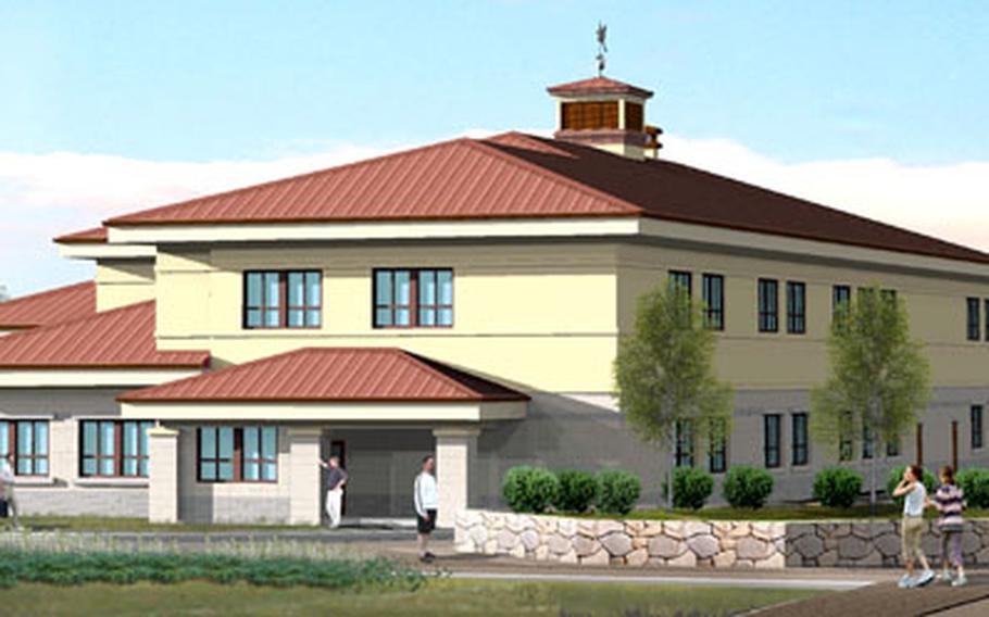 This artist’s rendering depicts the two-story building slated for construction at Camp George in Daegu, South Korea. The building will provide classroom space for Taegu American School and house new quarters for the Junior Reserve Officers’ Training Corps program.