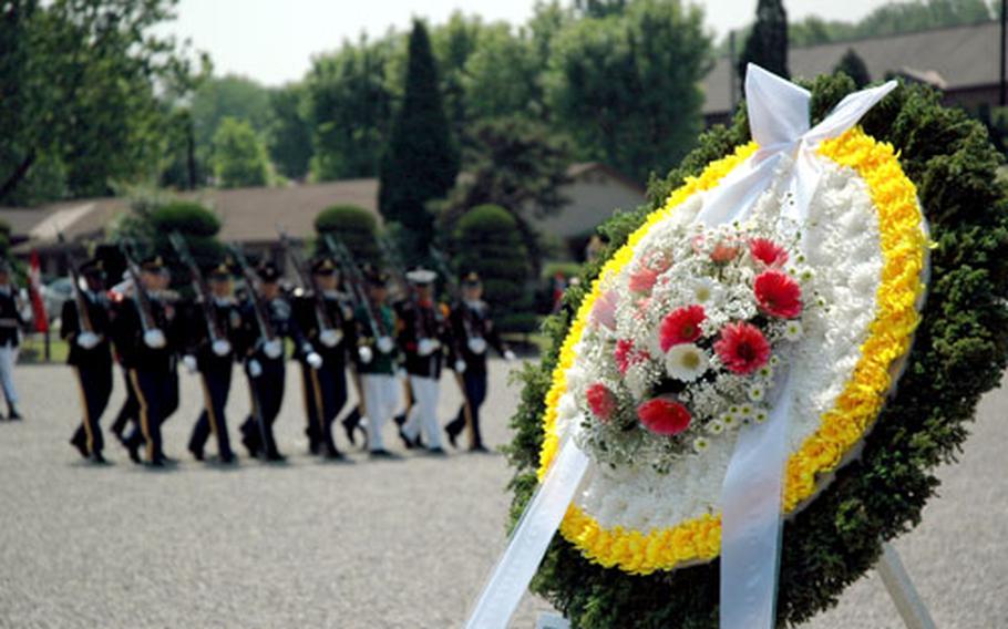 A wreath to honor the memories of those servicemembers killed during the Korean War, part of Memorial Day observances at Yongsan Garrison, South Korea.