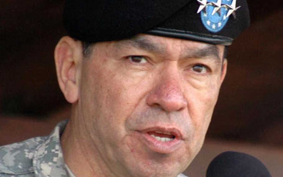 Lt. Gen. Ricardo Sanchez, Commander of V Corps, addresses the soldiers and families of the 165th Military Intelligence Battalion and 95th Military Police Battalion.