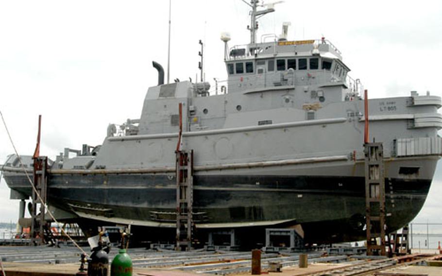 One of the Army’s 128-foot tugboats is retrofitted by the staff at the U.S. Army’s Field Support Battalion-Hythe as the installation prepares for closure.