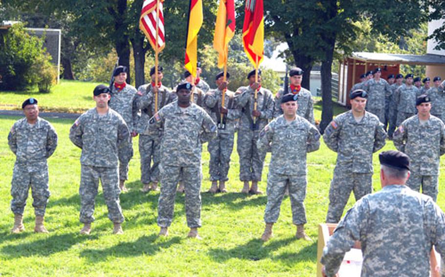 U.S. Army Europe commander Gen. David McKiernan speaks on Thursday to six 1st Armored Division soldiers who just returned from deployments as individual augmentees to other units. The Baumholder community is still anxiously awaiting the rest of the division’s 2nd Brigade, which is expected home in November. The six who were welcomed home Thursday are, from left, Maj. Victorio Lanuevo, Capt. Jeffrey Carlson, Capt. Joel Leflore, 1st Lt. Julio Garcia, 1st Lt. Jason Waters and Sgt. 1st Class Corey Walter.