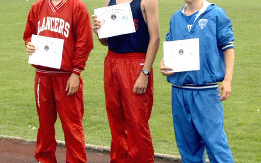 The top three finishers in Saturday&#39;s cross-country meet at RAF Lakenheath were, left to right, Greg Billington of Lakenheath, Josh Hoffman of Lakenheath and Hugh Borchers of London Central.