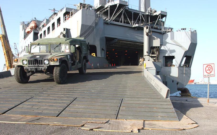 A Humvee is driven last week off the USNS Mendonca at Kuwait’s Sea Port of Debarkation. Nearly all heavy equipment flowing in and out of Iraq, including tanks, trucks and containers of gear and war supplies, is funneled through the port on the Persian Gulf.