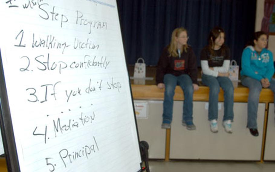 A list of the steps involved to empower victims of incessant teasing or bullying was on display during recent practice for a sixth-grade anti-bullying skit at Sollars Elementary School, Misawa Air Base, Japan.