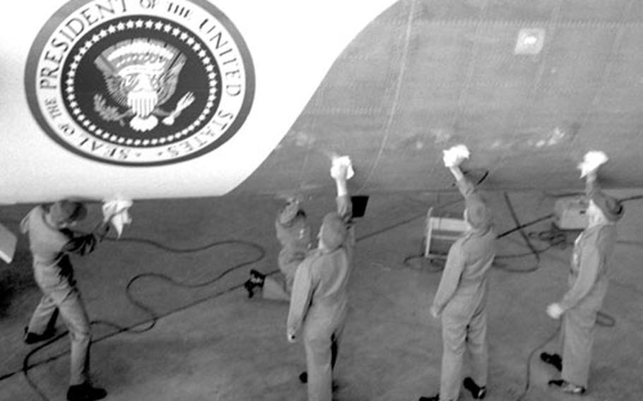 Air Force One gets a cleaning at Andrews Air Forcec Base in 1966.