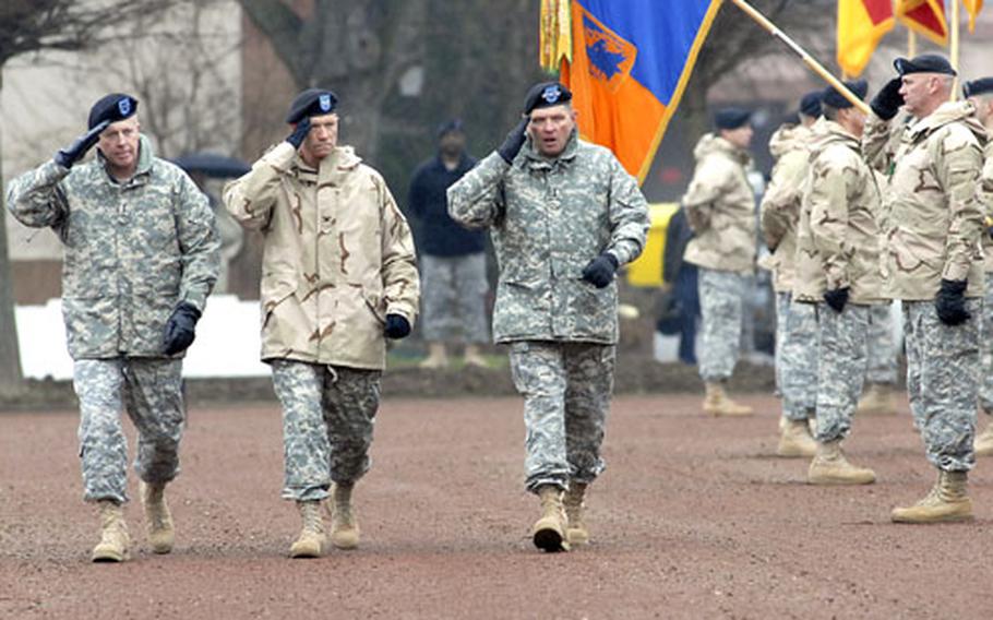 U.S. Army Europe commander Gen. David McKiernan, commander of troops for the ceremony Col. Robert Rush and incoming V Corps commander Lt. Gen. James Thurman inspect the troops at the beginning of the assumption of command ceremony for Thurman on Tuesday.