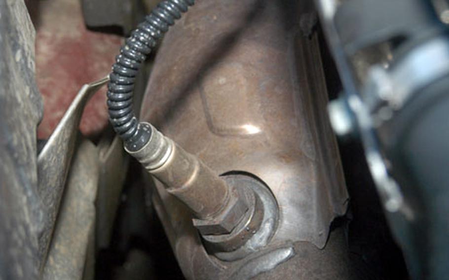The upstream oxygen sensor on a Volkswagen Passat. RAF Mildenhall&#39;s Auto Hobby Shop has recently seen an influx of oxygen sensor problems believed to be caused by tainted gas.