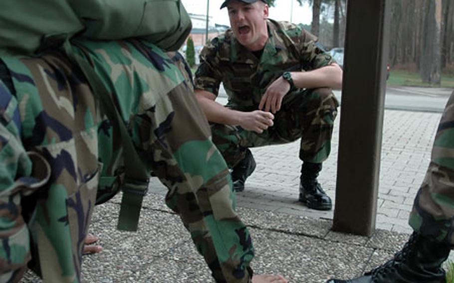 Upon arrival to the Ramstein Area Motivational Program (RAMP) candidates are grilled by staff members before even entering the building and made to do push-ups. Airmen sent to RAMP lose their official rank titles and are referred to as "candidates" until they successfully complete the program.