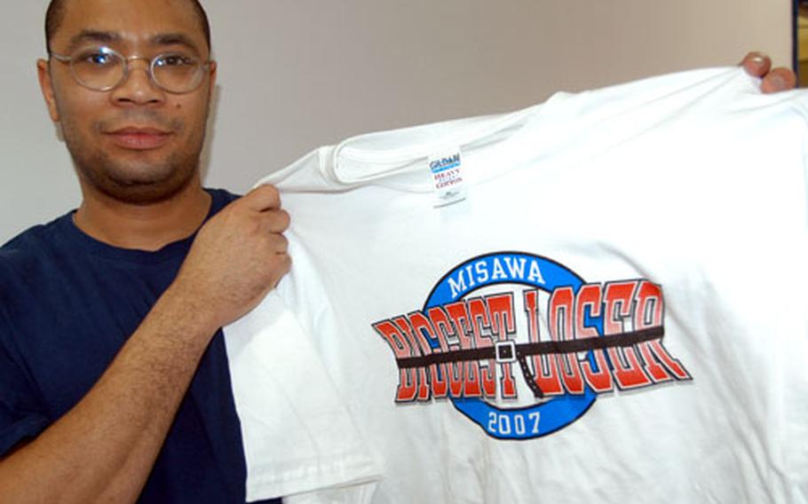 Tech. Sgt. Travis Jalaliddin, 31, might be swimming in this T-shirt by the time he finishes the “Biggest Loser” contest at Misawa Air Base, Japan. So far, Jalaliddin has lost 16 pounds. He is among 412 contestants participating in the 10-week contest, which ends March 31.