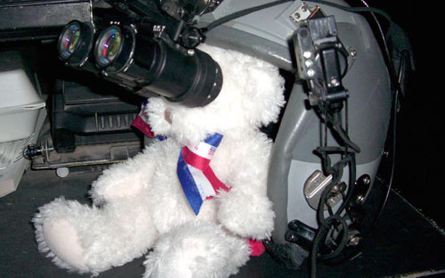 Crystal, a stuffed bear sent to members of Kadena Air Base’s 17th Operations Squadron by E.C. Killiln Elementary students, is decked out in night vision goggles in Iraq.