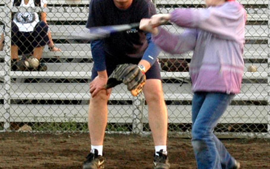 Abby Mimirack, a batter for the Yokosuka Gators — the MWR department&#39;s 9-11-year-old girls softball league — prepares to swing at the ball while Head Coach Rod Malloy reminds her to keep her eye on the ball Monday at Yokosuka Naval Base, Japan.