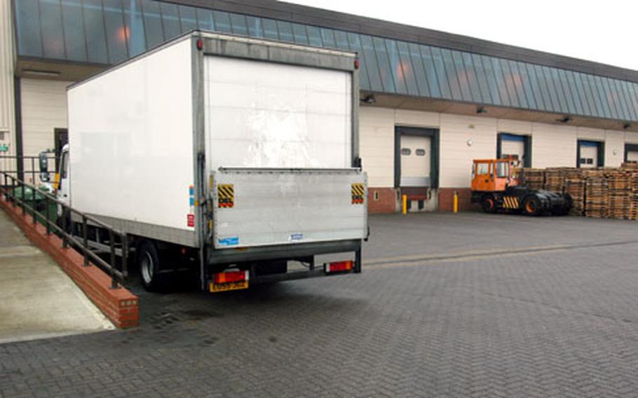 A delivery truck sits at the back of the RAF Lakenheath commissary, where trucks drop their goods off at the store.