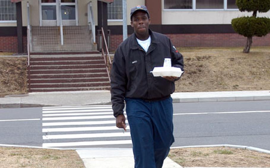 Petty Officer 3rd Class Albert Hughes, 23, said he usually gets takeout for breakfast and lunch, preferring to eat at work or elsewhere over the dining hall. But after April 1, takeout will be eliminated at Misawa Air Base&#39;s Grissom Dining Facility and Falcon Feeder due to budget constraints.